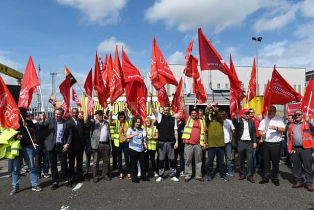 A large turnout for the Irish Congress of Trade Unions solidarity rally at Harland and Wolff recently. Pic: Colm Lenaghan/Pacemaker