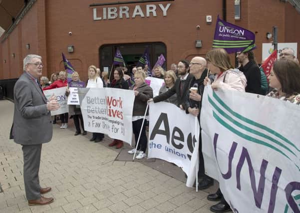 Trade unions representing education workers in Northern Ireland protest at the Londonderry office of the Education Authority in April 2018 to highlight their common concerns over Special Educational Needs provision. The protest was timed to coincide with the monthly board meeting of the EA. Photo: Kevin Cooper.
