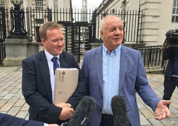 Raymond McCord (right), a victims campaigner in Northern Ireland continues to pursue a legal bid to block the suspension of Parliament, with one of his lawyers in front of Belfast High Court. Photo credit: David Young/PA Wire