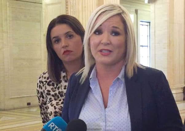 Michelle O'Neill, Sinn Fein Party vice president, at a press conference in Parliament Buildings, Stormont with Elisha McCallion MP. Pic by David Young/PA Wire