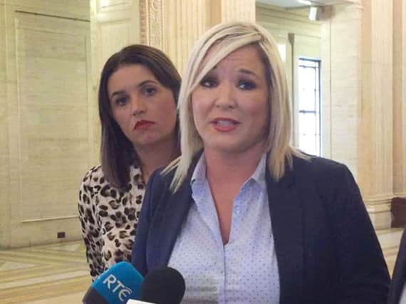 Michelle O'Neill, Sinn Fein Party vice president, at a press conference in Parliament Buildings, Stormont with Elisha McCallion, MP (left).