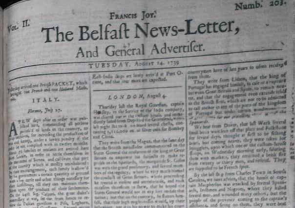 The front page of the Belfast News Letter of August 14 1739 (which is August 25 in the modern calendar)