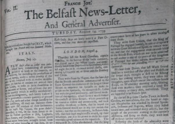 The front page of the Belfast News Letter of August 14 1739 (which is August 25 in the modern calendar)