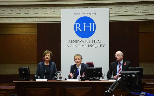 Inquiry chairman Sir Patrick Coghlin, centre, alongside inquiry panel member Dame Una OBrien and technical assessor Keith MacLean