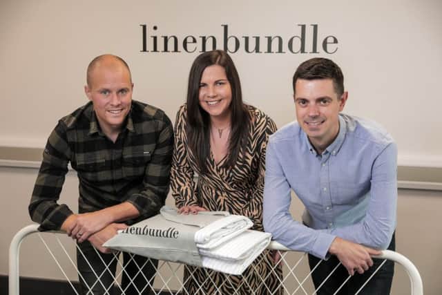 Pictured are Paul Nesbitt (left) and Thomas Glackin (right), Directors at Linen Bundle with Jenna Mairs, Senior Investment Manager at Whiterock Finance