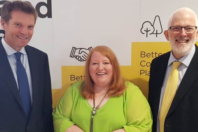 Simon McDowll, Kilwaughter Minerals (left) was the guest speaker at the Alliance Party business breakfast. Included is party leader Naomi Long and East Antrim MLA Stewart Dickson.