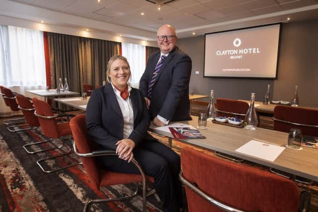 Unveiling the brand new state of the Conference and Meeting Centre at Clayton Hotel Belfast were, Jonathan Topping, General Manager and Courtney Mallen, Meeting and Events Sales Supervisor