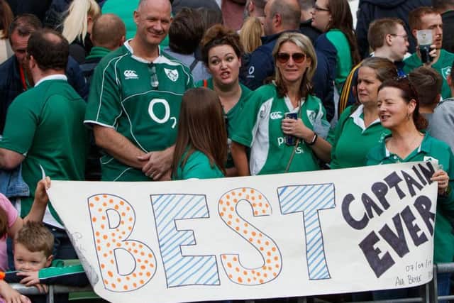 A section of the crowd during the game at the Aviva Stadium as they salute Rory Best on his last game in Dublin with the Ireland side