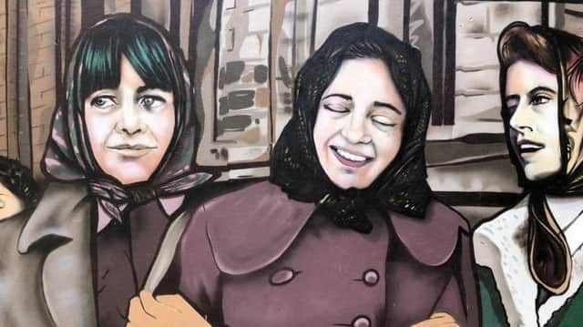 One of the new murals capturing the camaraderie among Londonderry's factory girls
