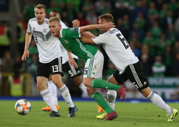 George Saville on the attack in Belfast last night against Germany during the Euro 2020 qualifying defeat. Pic by PressEye Ltd.
