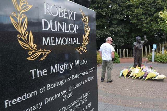Flowers were left at Robert Dunlop's memorial garden in Ballymoney following William Dunlop's fatal accident at the Skerries 100 in July 2018.