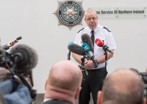PSNI Chief Constable Simon Byrne at a press conference in Londonderry.
The Chief Constable visited the city this afternoon after a spate of attacks in the area being blamed on the 'New IRA'.