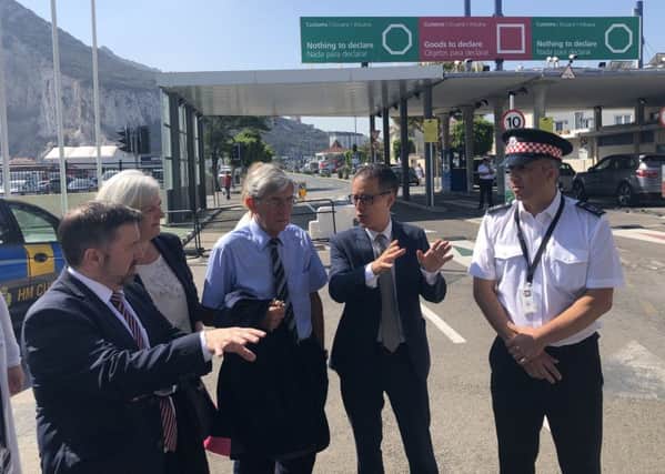 UUP leader Robin Swann MLA and Lord Rogan with Gibraltars Chief Minister Fabian Picardo, Dep Chief Minister Joseph Garcia and police at the Rock border crossing