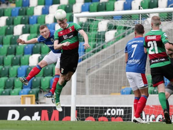 Action from Linfield v Glentoran at Windsor Park. Pic by Pacemaker.