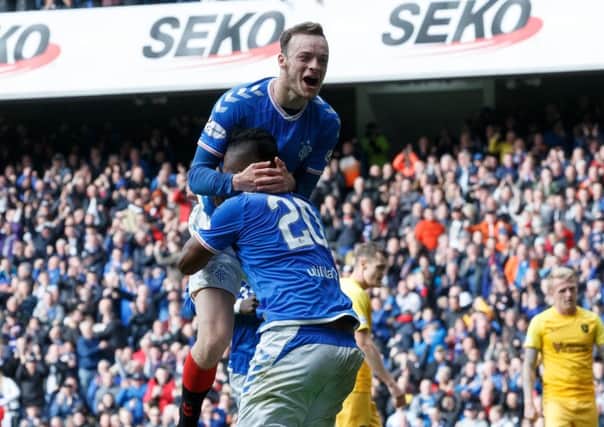 Brandon Barker celebrates in front of the Ibrox fans following his goal on Saturday. Pic by PA Wire.