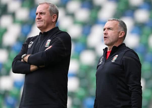 Glentoran head coach Mick McDermott (right) and first-team coach Paul Millar. Pic by Pacemaker.