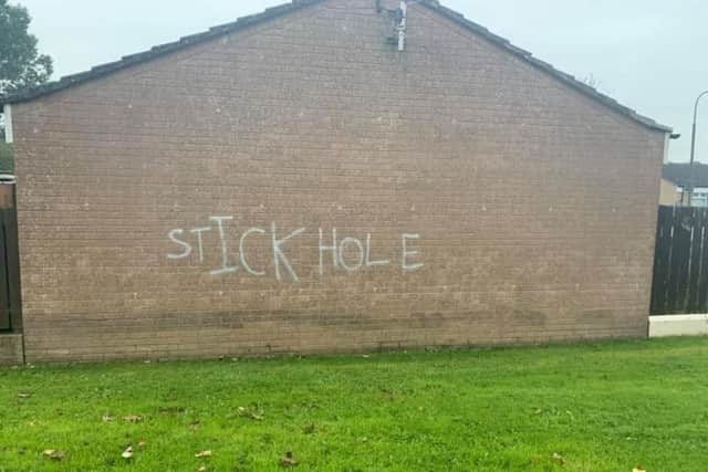 Sickening grafitti daubed on the home of pensioners at Altmore/Ardowen.