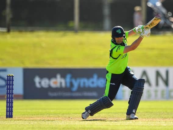Andrew Balbirnie of Ireland plays a shot during the T20 International Tri Series match between Ireland and Scotland at Malahide Cricket Club