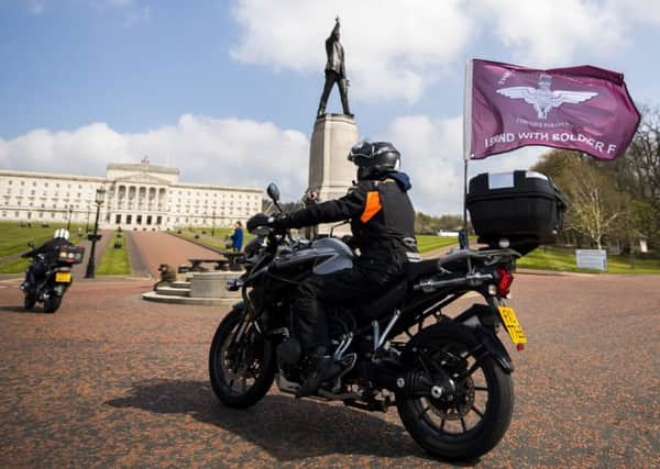 Motorcyclists taking part in the Rolling Thunder ride protest in Belfast in support Soldier F who faces prosecution over Bloody Sunday.