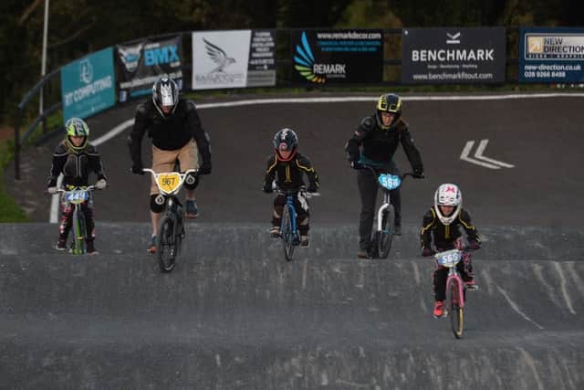 Paul and Lee-Anne McClintock with children Lucy, Emily and Elijah at Lisburn BMX Club.
 Pic Colm Lenaghan/ Pacemaker