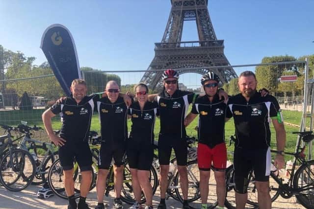 Jordan Bonar, Roy McMullan, Paul Topping, Kenneth McAllister, Cheryl Shaw and Chris Gardiner in Paris at the end of their challenge.