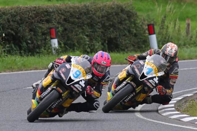 Padgett's Honda rider Davey Todd leads his team-mate, Conor Cummins, at the Ulster Grand Prix in August.