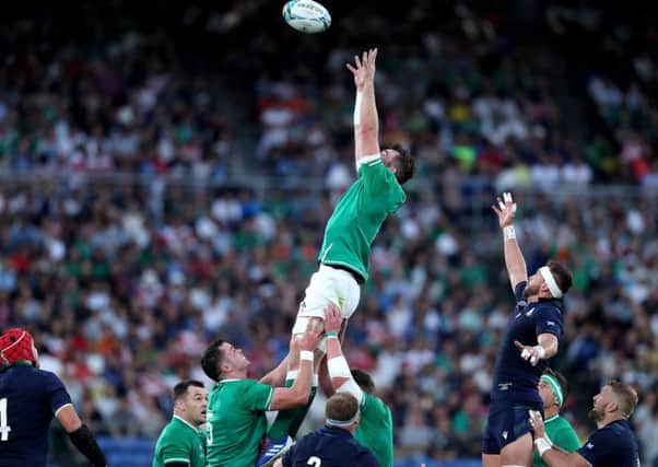 Ireland's Peter O'Mahony wins a line-out.