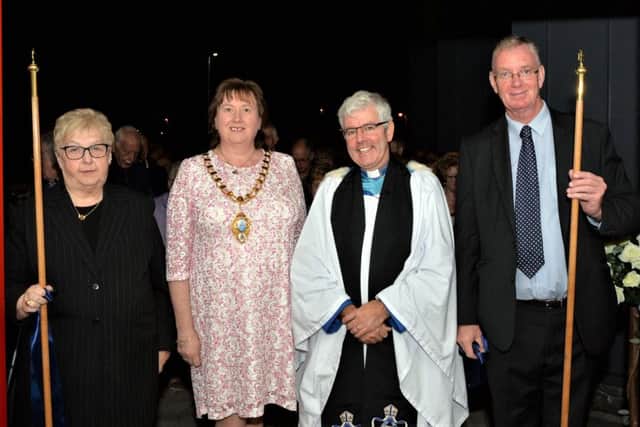Dean Stephen Forde with the Mayor of Mid and East Antrim Borough, Cllr Maureen Morrow and church wardens, Roberta Adams and Harry Carter, at the official opening of the new Inver Hall at St Cedma`s Parish Church. INLT 35-002-PSB