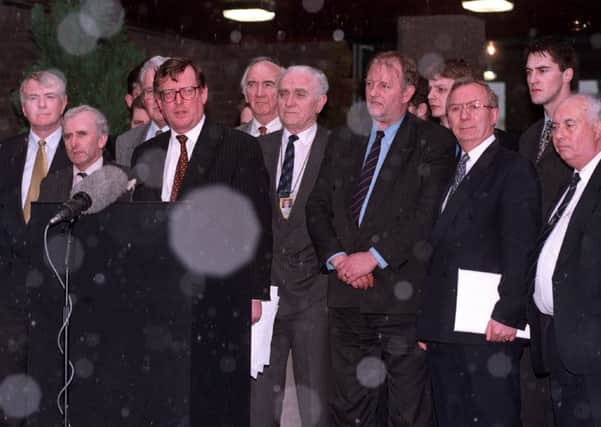 David Trimble and other Ulster Unionist colleagues of Dermot Nesbitt at the 1998 Belfast Agreement talks. Picture: Pacemaker