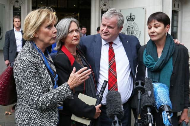 Leader of The Independent Group for Change Anna Soubry, Plaid Cymru Westminster Leader Liz Saville-Roberts, SNP Westminster leader Ian Blackford MP, and Green MP Caroline Lucas, outside the Supreme Court in London. (Photo: Jonathan Brady/P.A. Wire)