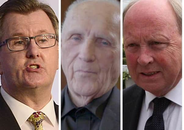 Pictured from left to right D.U.P. M.P., Sir. Geoffrey Donaldson, former priest turned I.R.A. man, Patrick Ryan and T.U.V. leader and M.L.A. Jim Allister.