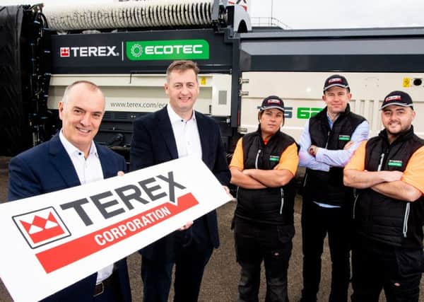 Kieran Hegarty, president, Terex Materials Processing, Tony Devlin, business line director, Terex Ecotec with recruits at Terex Campsie Elisha Gallagher, Damian Liddy and John Tyre. Pic By Andrew Towe.