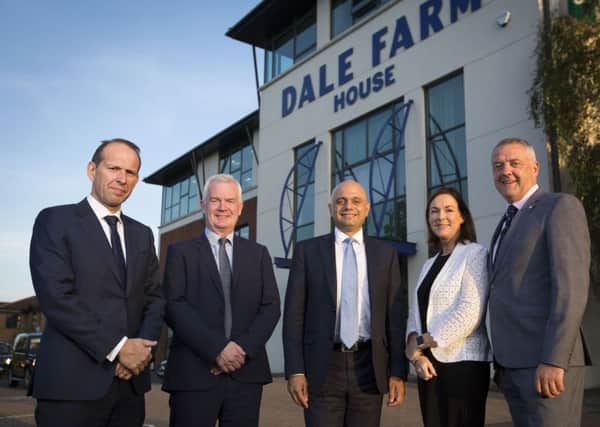 Chancellor of the Exchequer Sajid Javin (centre) visited Dale Farm in Belfast. Included from left: Nick Whelan and Stephen Elliott, Dale Farm, Angela McGowan and Trevor Lockhart, CBI.