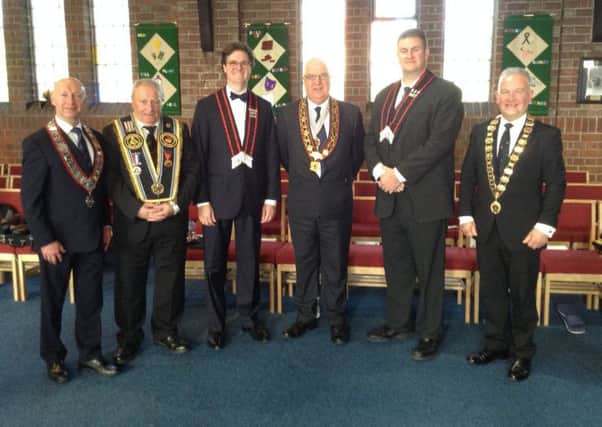 Grand Lecturer Ian McCafferty, Sir Knight Samuel Stewart (USA), Sir Knight Cal Stephens (USA), Sovereign Grand Master Rev William Anderson, Sir Knight Ronald Horne (USA) and Assistant Sovereign Grand Master William Ballie at the 76th International Lecturers Conference in Manchester
