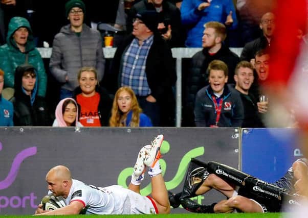 Matt Faddes scores in his Ulster competitive debut against Ospreys