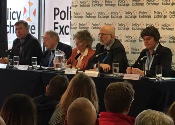 From left, Graham Brady MP, Ray Bassett, Kate Hoey MP, Dean Godson and Arlene Foster MLA at a Policy Exchange fringe event at the Conservative Party conference on the backstop. Sunday September 29 2019