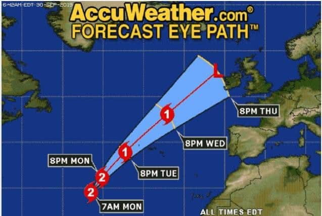 Hurricane Lorenzo is due to arrive in the United Kingdom and the Republic of Ireland on Wednesday and Thursday - during which time it will be an ex-hurricane. (Image: AccuWeather)