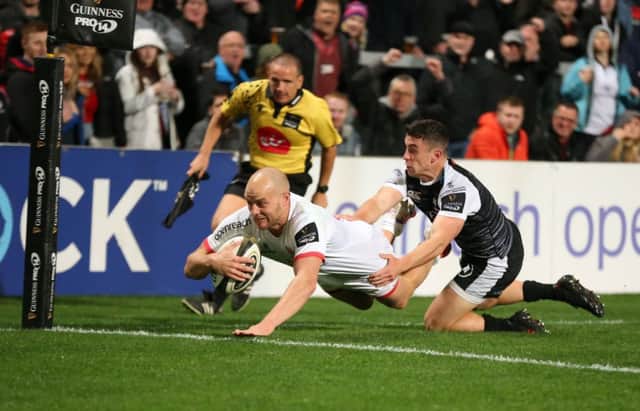 Ulster's Matt Faddes scores a try against Ospreys during Friday night's Guinness PRO 14 match at the Kingspan Stadium, Belfast. Picture by Brian Little