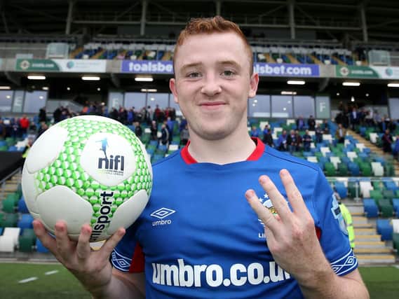 Shayne Lavery with the match ball after his hat-trick in the 7-0 win over Glenavon