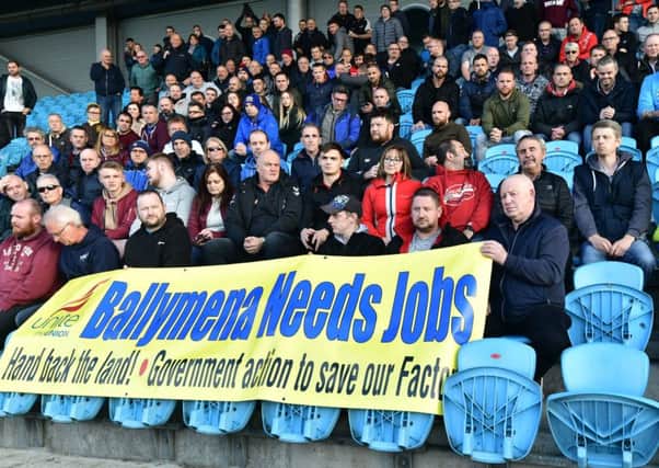 Wrightbus workers and supporters at a meeting at The Ballymena Showgrounds on Wednesday
