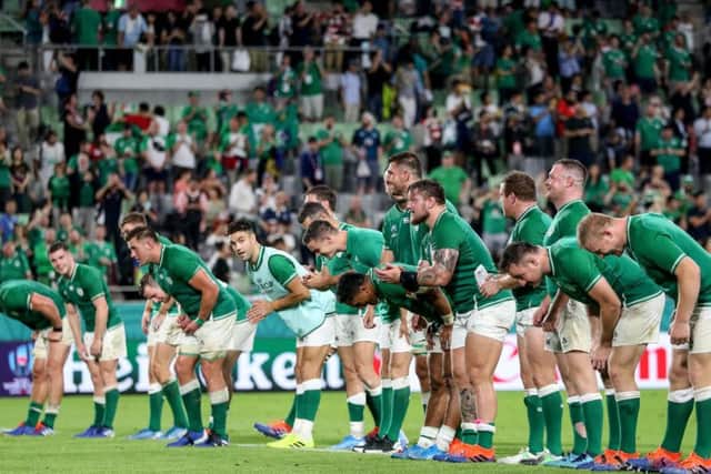 Ireland players bow to the crowd in Kobe after their win over Russia