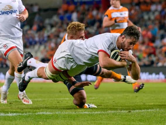 Sam Carter crosses for his first try in Ulster colours during the loss to Cheetahs