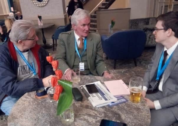 A trio of Scottish Tories chat over a drink at the Midland Hotel as the Conservative conference in Manchester comes to an end. From left, John Dawson, Alistair Campbell and Daniel Grainger