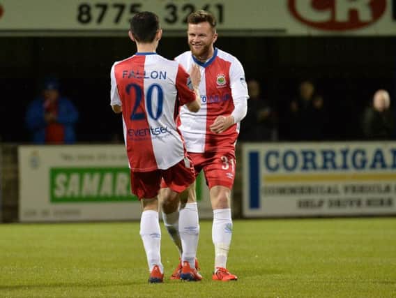 Linfield celebrate Stephen Fallon's opener against Dungannon Swifts