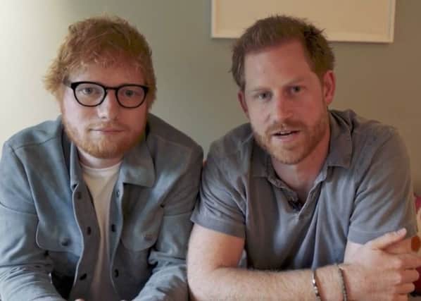 The Duke of Sussex with singer Ed Sheeran, as the pair teamed up for World Mental Health Day, urging people 'to look out for anybody that might be suffering in silence'. Pic: Sussex Royal/PA Wire