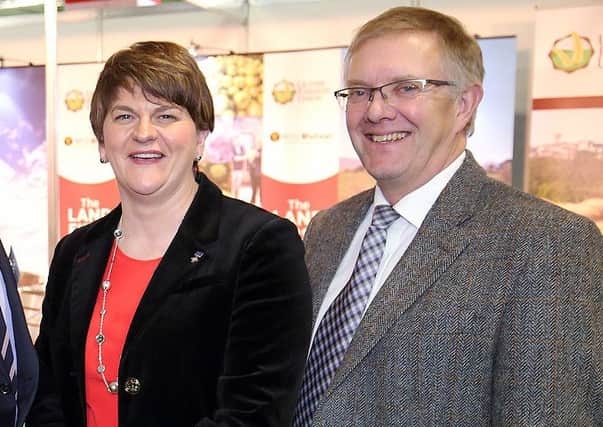 Arlene Foster, the DUP leader, with Ivor Ferguson of the UFU in 2015. Later the UFU stance on the backstop was relentlessly cited by opponents of Brexit and supporters of Irish unity to apply pressure on the DUP
