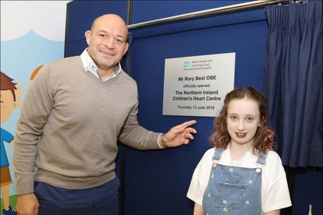 Aimee with Ulster and Ireland player Rory Best opening the new heart centre in June.