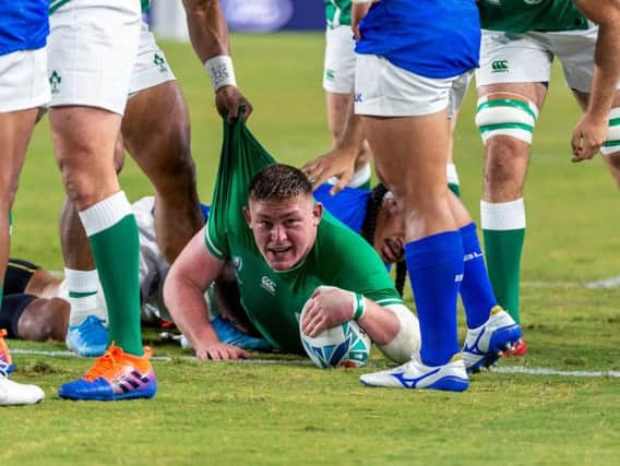 Ireland's Tadhg Furlong scores a try against Samo