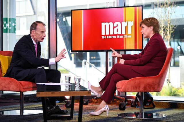 Presenter Andrew Marr and First Minister of Scotland Nicola Sturgeon, during the Andrew Marr show. Pic: Jeff J Mitchell/PA Wire