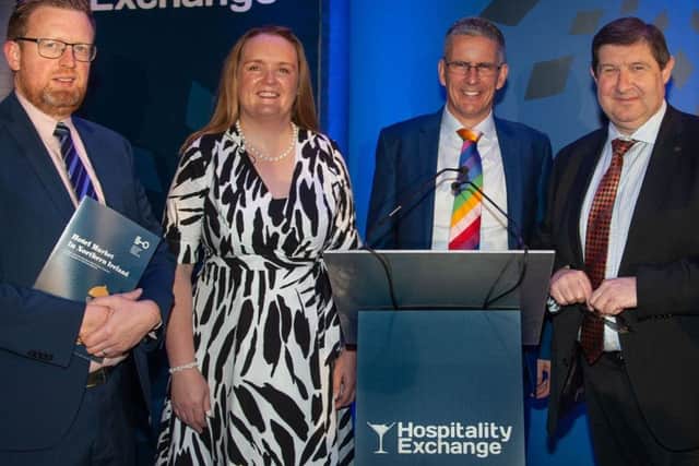 Oliver Hughes from First Trust Bank, Sarah Duignan from STR; Compere Mark Simpson, Michael Williamson from ASM